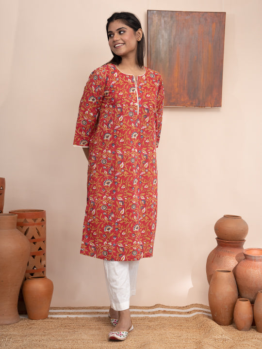 Printed Contrast Lace Neckline Kurta with Pockets