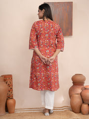 Printed Contrast Lace Neckline Kurta with Pockets