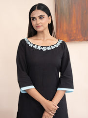 Black handloom cotton  kurta  with pockets and hand  kashmiri thread embroidery