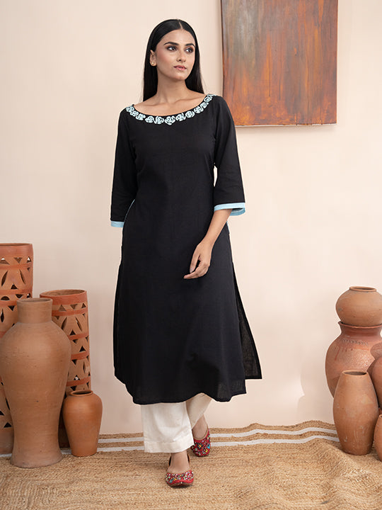 Black handloom cotton  kurta  with pockets and hand  kashmiri thread embroidery