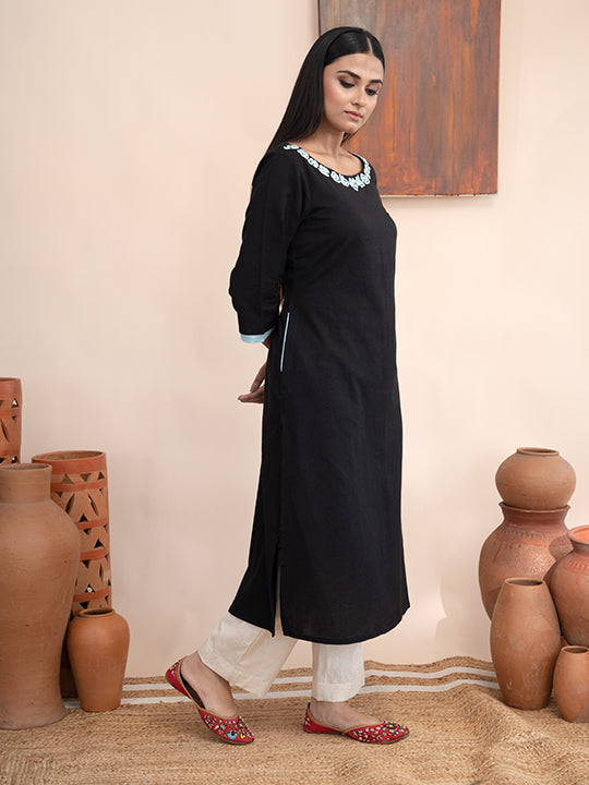 Black handloom cotton  kurta  with pockets and hand  kashmiri thread embroidery