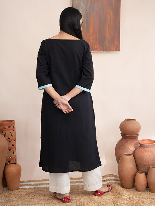 Black handloom cotton  kurta  with pockets and hand  kashmiri thread embroidery