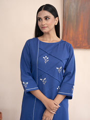 Blue handloom cotton kurta with  kashimir tilla hand embroidery and pockets