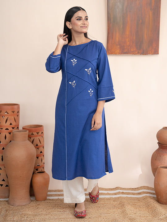 Blue handloom cotton kurta with  kashimir tilla hand embroidery and pockets