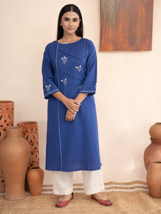 Blue handloom cotton kurta with  kashimir tilla hand embroidery and pockets