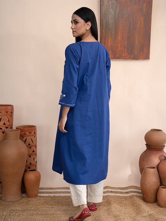 Blue handloom cotton kurta with  kashimir tilla hand embroidery and pockets