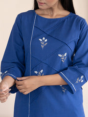 Blue handloom cotton kurta with  kashimir tilla hand embroidery and pockets