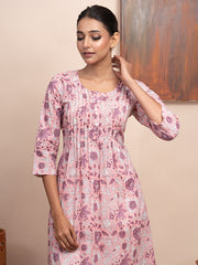 Pink Printed Front Placket Pleated Kurta with  Pockets and Shell Butto