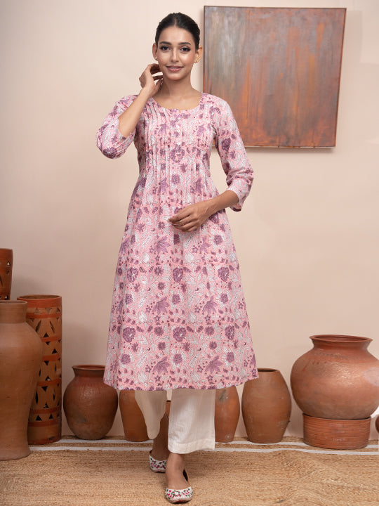 Pink Printed Front Placket Pleated Kurta with  Pockets and Shell Butto