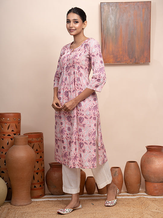 Pink Printed Front Placket Pleated Kurta with  Pockets and Shell Butto