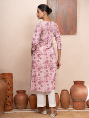 Pink Printed Front Placket Pleated Kurta with  Pockets and Shell Butto