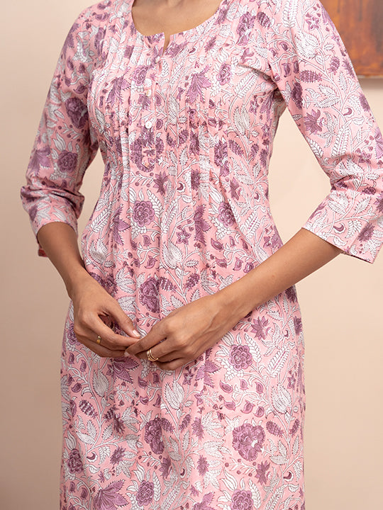 Pink Printed Front Placket Pleated Kurta with  Pockets and Shell Butto