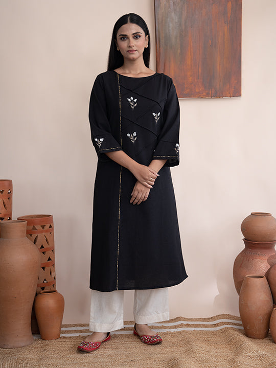 Black handloom cotton kurta with  kashimir tilla hand embroidery and pockets