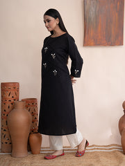 Black handloom cotton kurta with  kashimir tilla hand embroidery and pockets