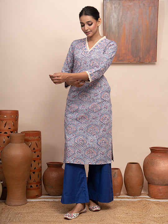 Mughal Garden Floral Printed V-Neck Border Lace Kurta  with Pockets