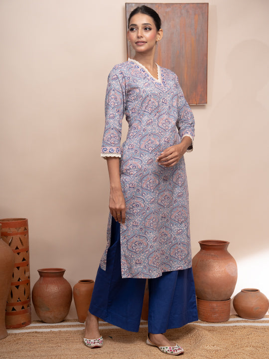 Mughal Garden Floral Printed V-Neck Border Lace Kurta  with Pockets