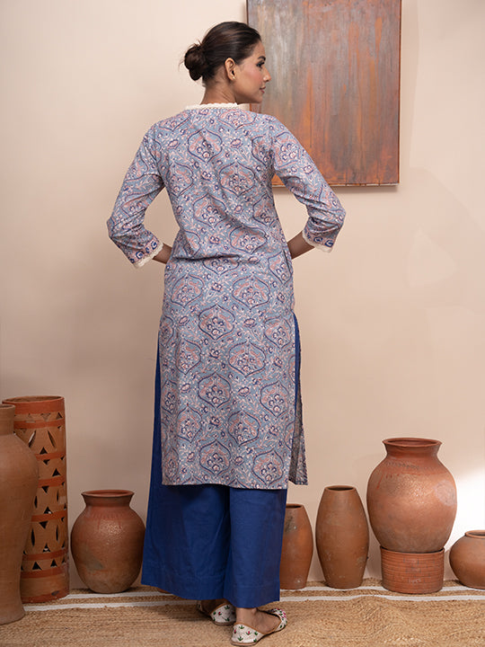 Mughal Garden Floral Printed V-Neck Border Lace Kurta  with Pockets