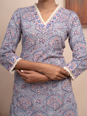 Mughal Garden Floral Printed V-Neck Border Lace Kurta  with Pockets