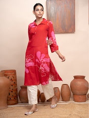 Ruby red floral printed reversible collar mul cotton  kurta with pockets and shell buttons