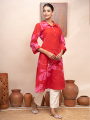 Ruby red floral printed reversible collar mul cotton  kurta with pockets and shell buttons