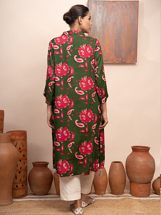 Dark green modal printed reversible collar kurta with pockets and shell buttons