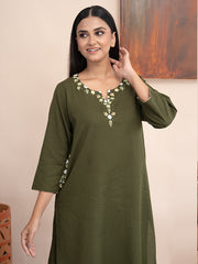 Olive Green handloom cotton kurta with  kashimir tana hand embroidery and pockets