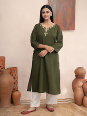 Olive Green handloom cotton kurta with  kashimir tana hand embroidery and pockets