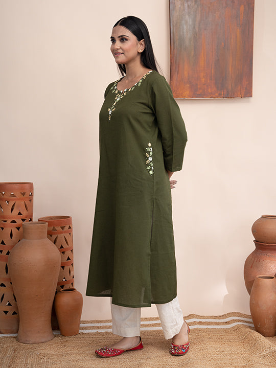 Olive Green handloom cotton kurta with  kashimir tana hand embroidery and pockets