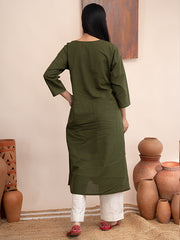 Olive Green handloom cotton kurta with  kashimir tana hand embroidery and pockets