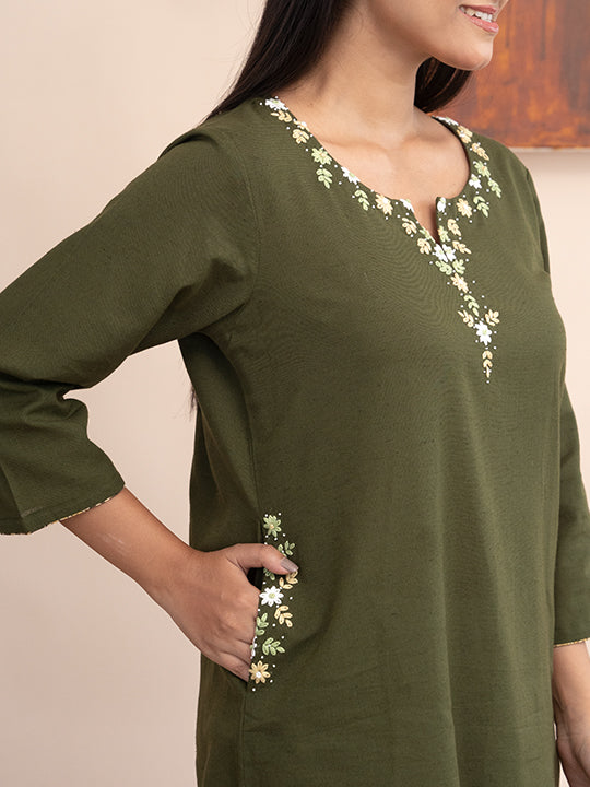 Olive Green handloom cotton kurta with  kashimir tana hand embroidery and pockets