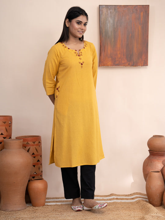 Yellow handloom cotton kurta with  kashimir tana hand embroidery and pockets