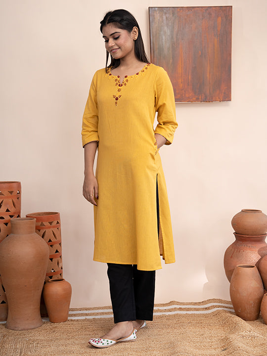 Yellow handloom cotton kurta with  kashimir tana hand embroidery and pockets