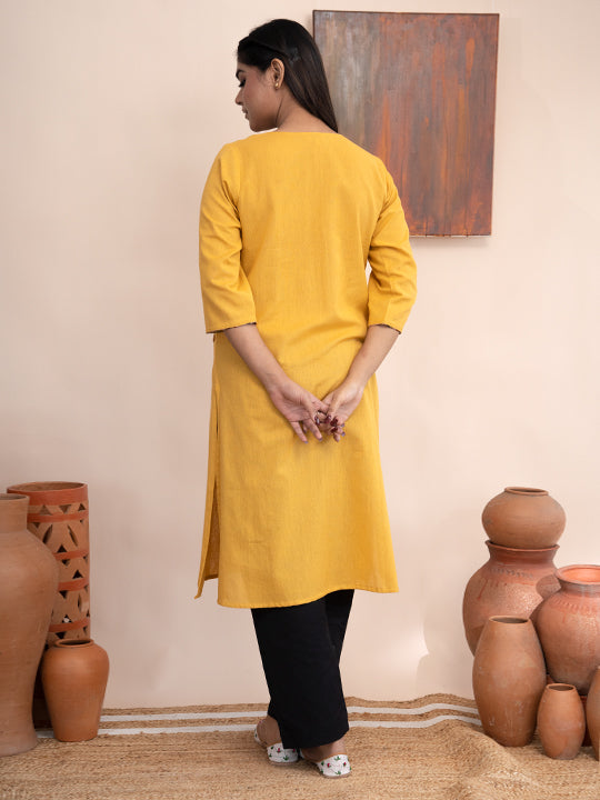 Yellow handloom cotton kurta with  kashimir tana hand embroidery and pockets