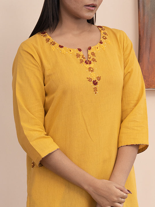 Yellow handloom cotton kurta with  kashimir tana hand embroidery and pockets