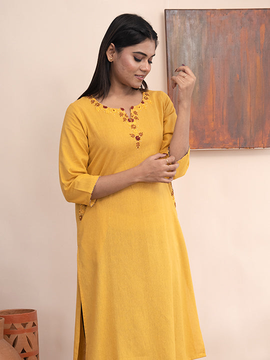 Yellow handloom cotton kurta with  kashimir tana hand embroidery and pockets