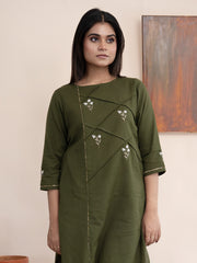 Olive green handloom cotton kurta with Kashmiri tilla hand embroidery and pockets