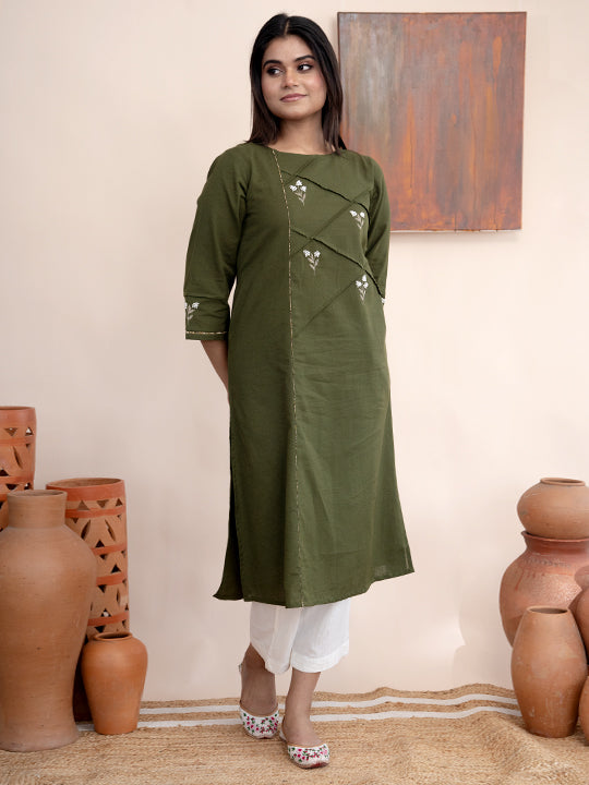 Olive green handloom cotton kurta with Kashmiri tilla hand embroidery and pockets