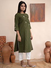 Olive green handloom cotton kurta with Kashmiri tilla hand embroidery and pockets