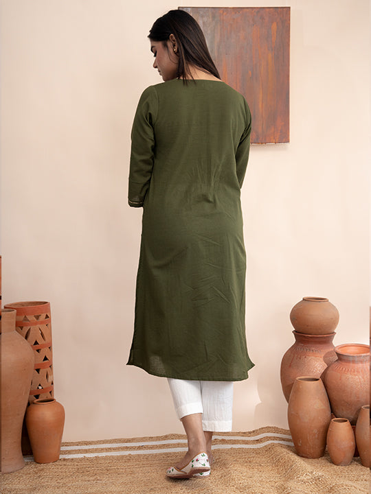 Olive green handloom cotton kurta with Kashmiri tilla hand embroidery and pockets