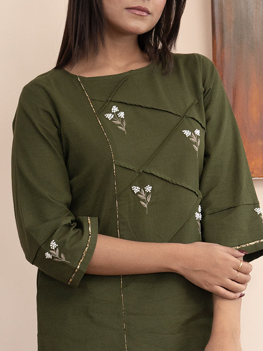 Olive green handloom cotton kurta with Kashmiri tilla hand embroidery and pockets