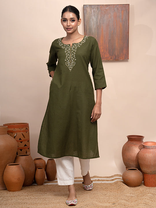 Olive Green handloom cotton kashmiri hand  thread embroidered kurta with pockets