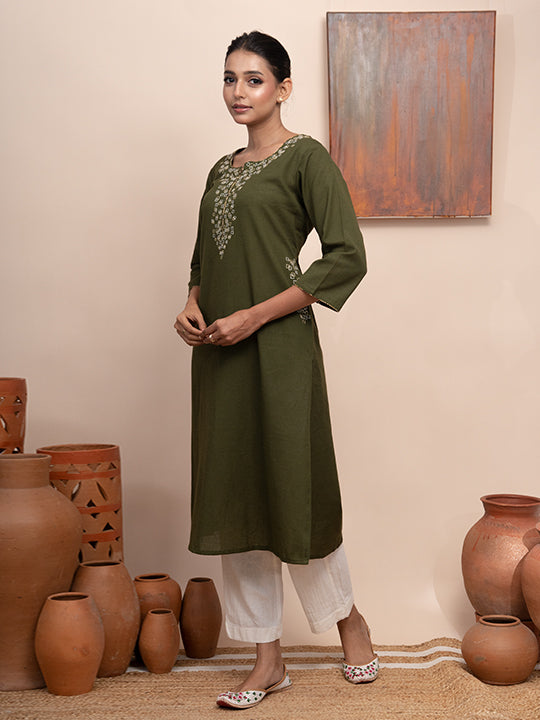 Olive Green handloom cotton kashmiri hand  thread embroidered kurta with pockets