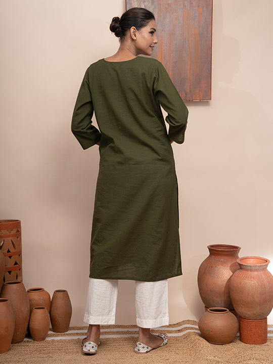 Olive Green handloom cotton kashmiri hand  thread embroidered kurta with pockets