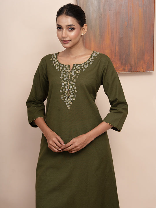 Olive Green handloom cotton kashmiri hand  thread embroidered kurta with pockets