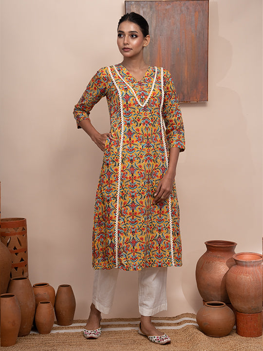 Printed Floral Kurta with lace yoke and Panels