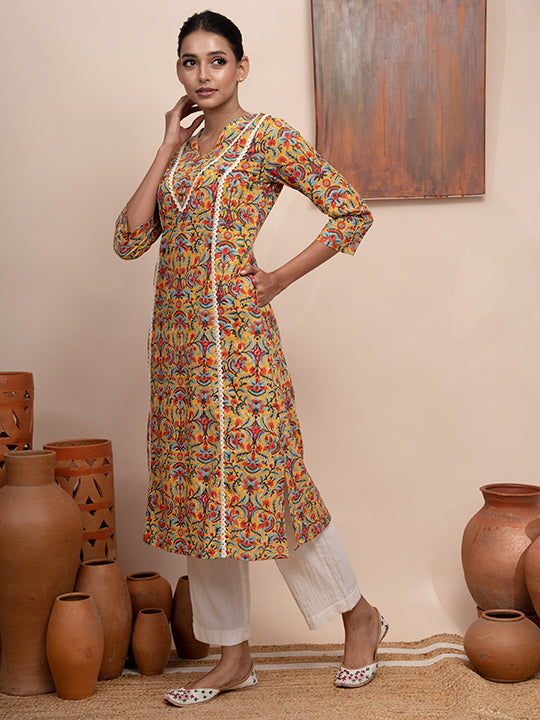 Printed Floral Kurta with lace yoke and Panels