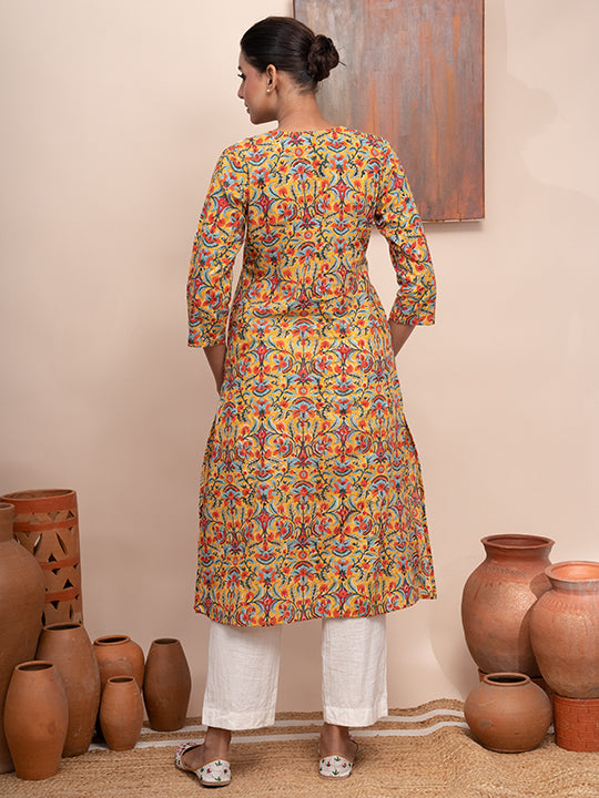 Printed Floral Kurta with lace yoke and Panels