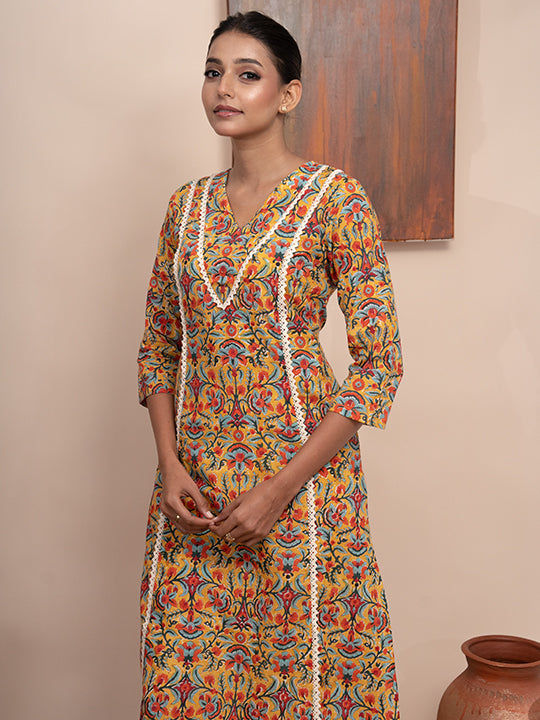 Printed Floral Kurta with lace yoke and Panels