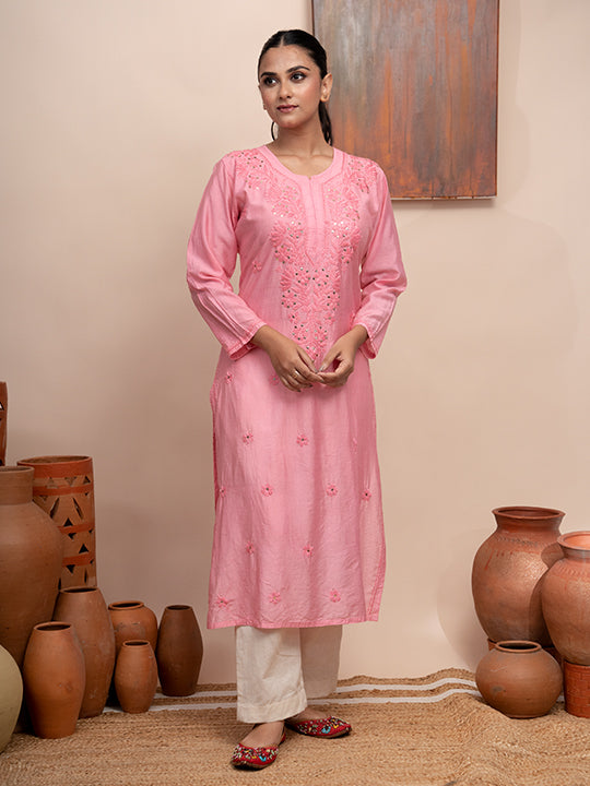 Pink chanderi kurta with hand chikankari and mukaish work