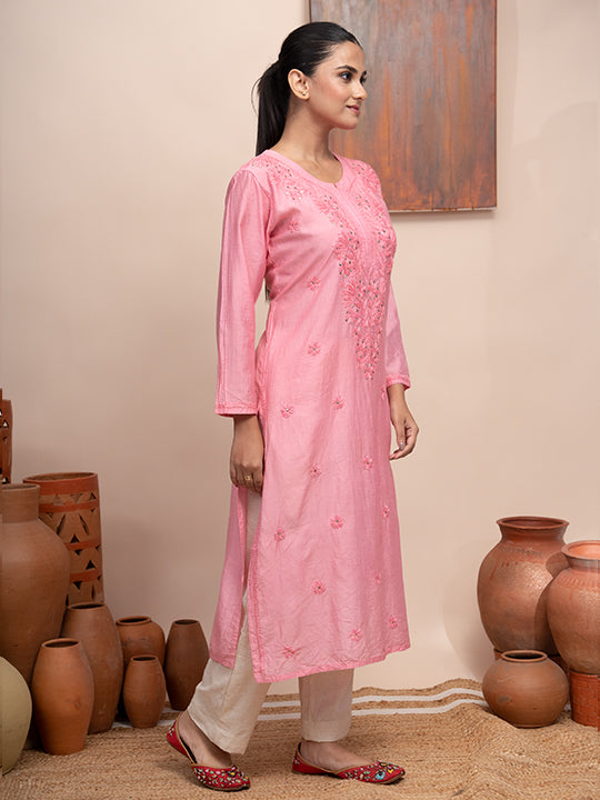 Pink chanderi kurta with hand chikankari and mukaish work